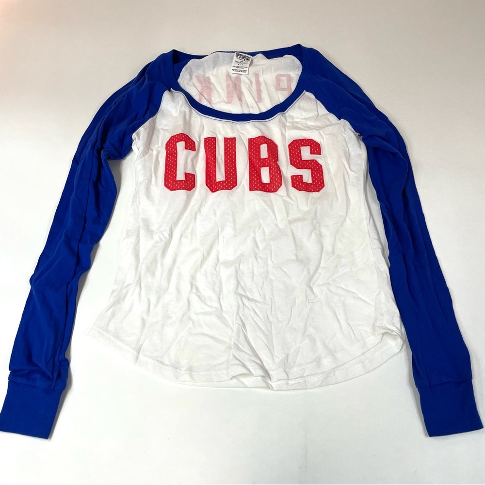 PINK Victorias Secret Baseball Tee Top Shirt Size Small Chicago Cubs White #1008